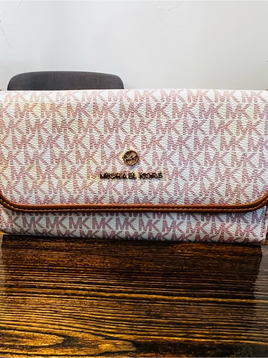 Michael Kors Handbags - Michael Kors Pink Signature Continental Wallet with Brown Trim